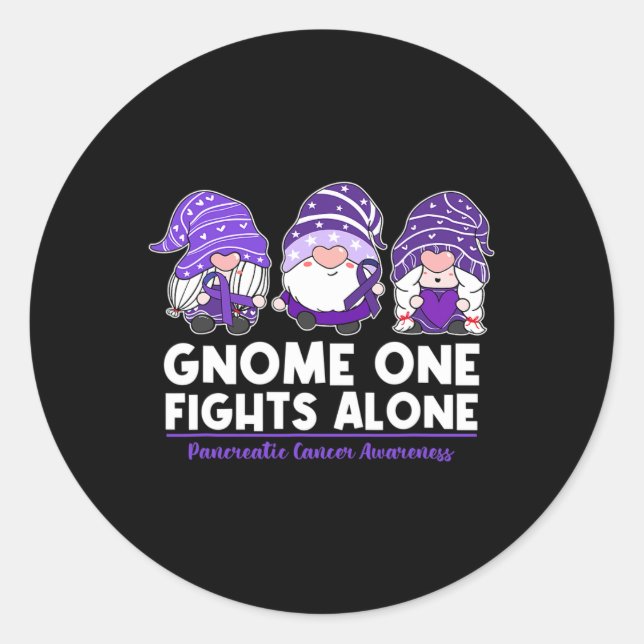 Pegatina Redonda Gnome One Fights Alone Purple Ribbon Pancreatic Ca (Anverso)