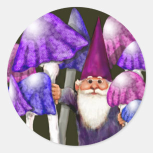 Pegatina Redonda Gnome psicodélico con hongos