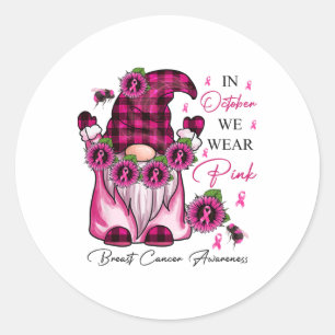 Pegatina Redonda Gnome Rosa En Octubre Usamos Cáncer De Mama Rosa A