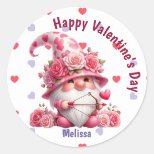 Pegatina Redonda Gnome rosa Valentine Cupid