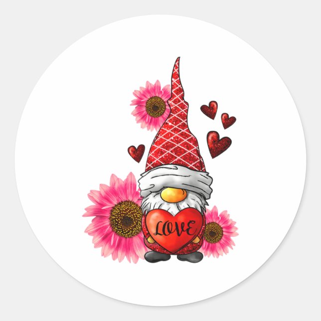 Pegatina Redonda Gnome Valentines Day Cute Gnome Heart Leopard Sunf (Anverso)