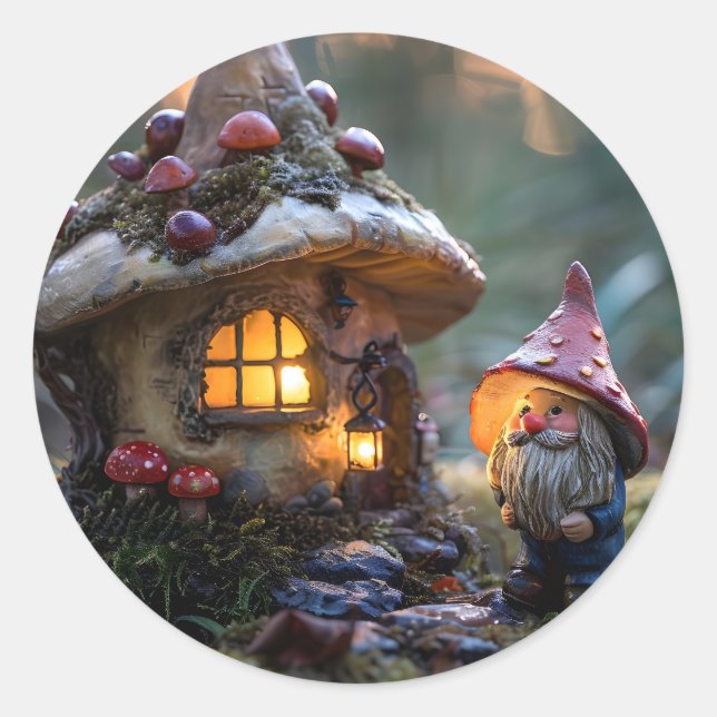 Pegatina Redonda Gnome y una casa de hongos, diseño de fantasía (Anverso)