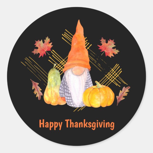 Pegatina Redonda Gnomes De Acuarela, Calabazas Y Hojas (Anverso)