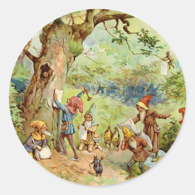 Pegatina Redonda Gnomes, elfos y hadas en el bosque mágico (Anverso)