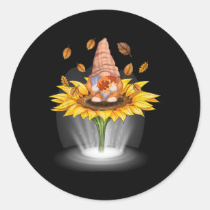 Pegatina Redonda Gnomes Fall Leaf Tree Otoño Beam Sunflower Gracias