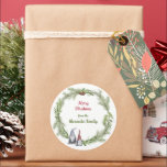 Pegatina Redonda Gnomes Merry Christmas Cute Scandinavian<br><div class="desc">Esta divertida pegatina de Navidad al estilo escandinavo dice "Feliz Navidad" y de tu nombre familiar con escritura roja y verde, con extravagante arte acuarela nórdica de dos lindos gnomos y una guirnalda rústica de vegetación y conos de pino, con un fondo blanco. Perfecto para añadir un toque festivo de...</div>