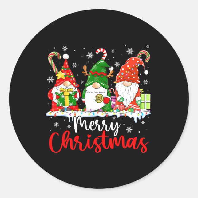 Pegatina Redonda Gnomes Merry Christmas Light Gnome (Anverso)