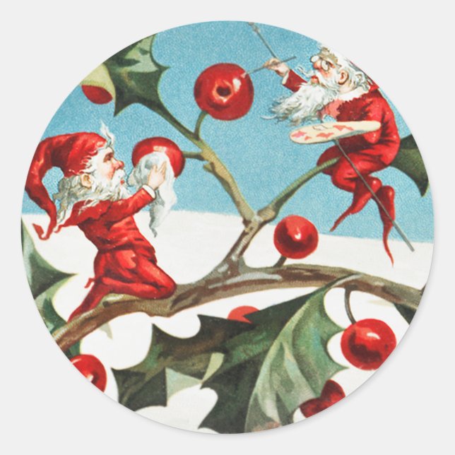 Pegatina Redonda Gnomes painting holly berries in the snow (Anverso)