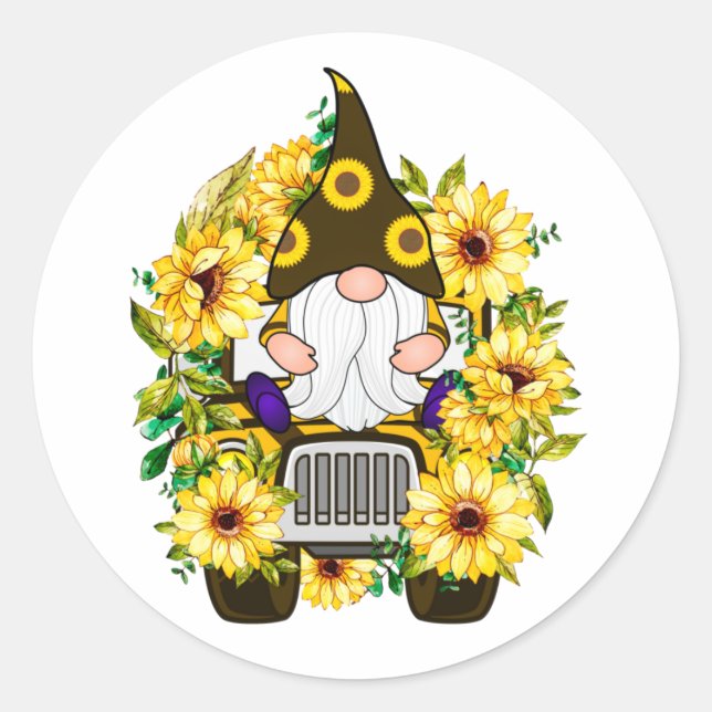 Pegatina Redonda Gnomes Sunflower Truck (Anverso)