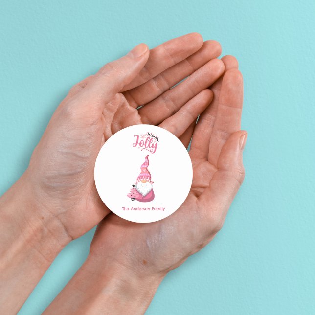 Pegatina Redonda Gnomo de Navidad Rosa con Sombrero de Vino Alegre (Pink Christmas Gnome With Winer Hat Jolly Classic Round Sticker - Personalized Festive Greeting)
