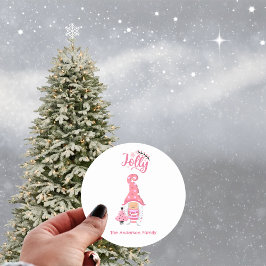 Pegatina Redonda Gnomo de Navidad Rosa Niña con Sombrero de Vino Al