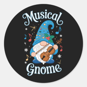 Pegatina Redonda Gnomo Musical Navidad Violín Acebo Copos de Nieve