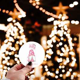 Pegatina Redonda Gnomo Navideño Rosa Alegre