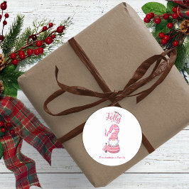 Pegatina Redonda Gnomo Navideño Rosa Con Árbol Alegre