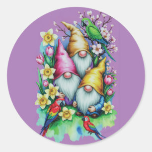 Pegatina Redonda Gnomos de jardín con loros y flores primaverales