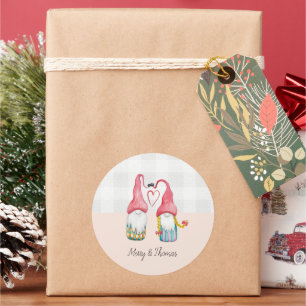 Pegatina Redonda Gnomos de Navidad enamorados acuarela pintado a ma