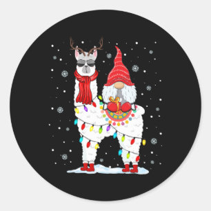 Pegatina Redonda Gnomos de Santa Cabalgando Llama Reno Luz de Navid