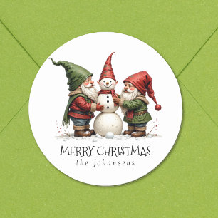Pegatina Redonda Gnomos Festivos Muñeco de Nieve Feliz Navidad Pega
