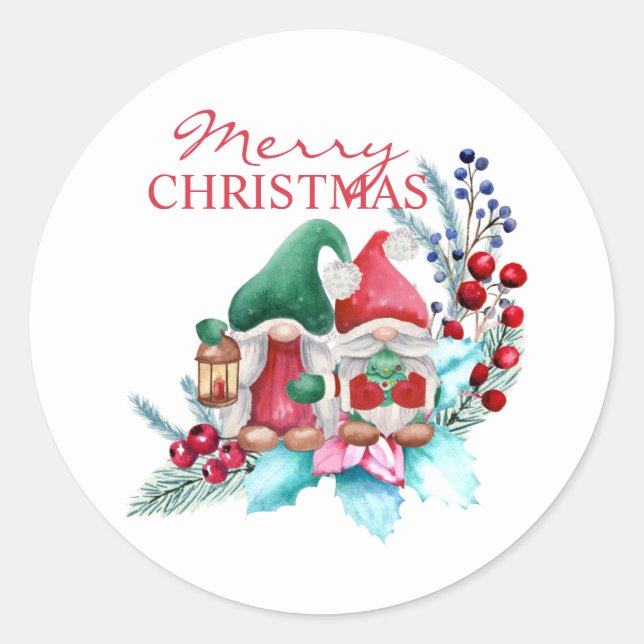 Pegatina Redonda Gnomys De Acuarela Con Gorra Rojo Y Verde (Anverso)