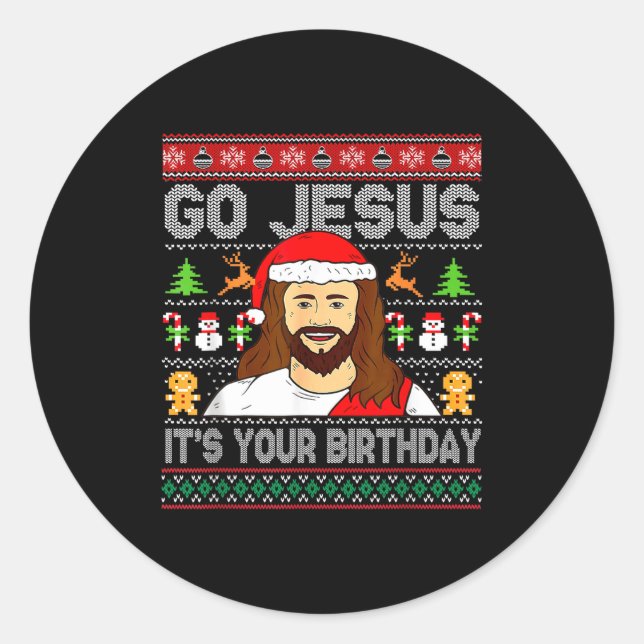 Pegatina Redonda Go Jesus It's Your Birthday Ugly Christmas Sweater (Anverso)