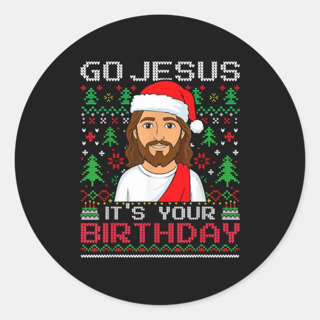 Pegatina Redonda Go Jesus It's Your Birthday Ugly Jesus Christmas S (Anverso)