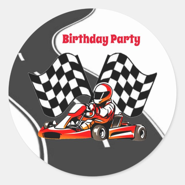 Pegatina Redonda Go Kart Carreras Boy Birthday Party (Anverso)