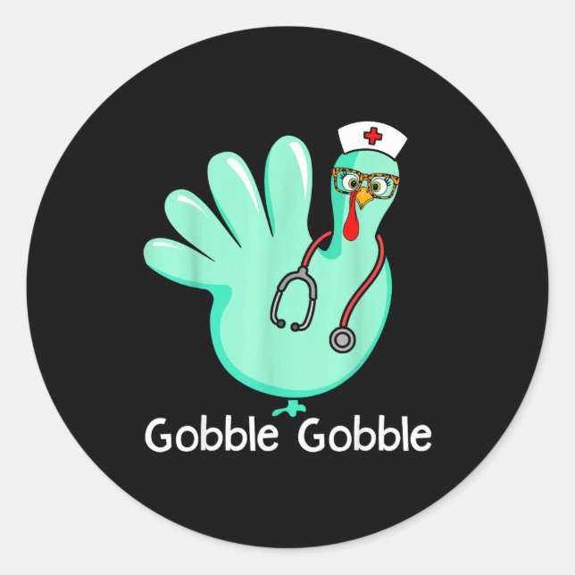 Pegatina Redonda Gobble Gobble Funny Turkey Glove Thanksgiving Nurs (Anverso)