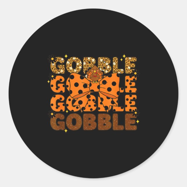 Pegatina Redonda Gobble Gobble Gobble Thanksgiving Turkey Leopard B (Anverso)