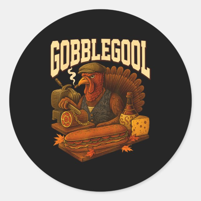 Pegatina Redonda Gobbol Turkey Gobble Gool Thanksgiving Retro  (Anverso)