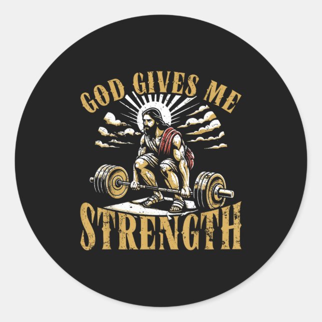 Pegatina Redonda God Gives Me Strength Christian Gym Workout Motiva (Anverso)