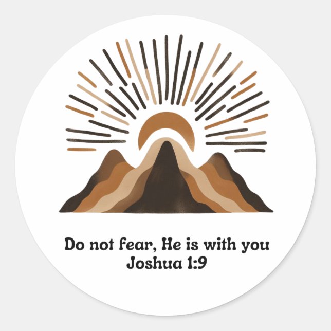 Pegatina Redonda God is with you – Joshua 1:9 | Boho mountains, min (Anverso)