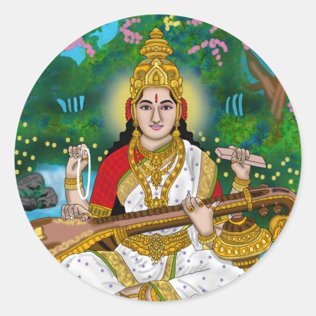 Pegatina Redonda Goddess Saraswati Sticker (Anverso)