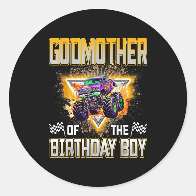 Pegatina Redonda Godmother Of The Birthday Boy Monster Truck Birthd (Anverso)