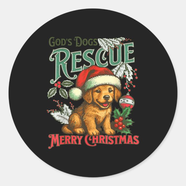 Pegatina Redonda God's Dogs Rescue Christmas Santa Golden Retriever (Anverso)