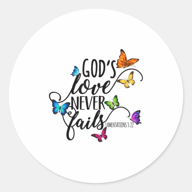 Pegatina Redonda God's Love Never Fails - Butterfly Art - Religious (Anverso)