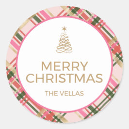 Pegatina Redonda Gold and pink Christmas plaid