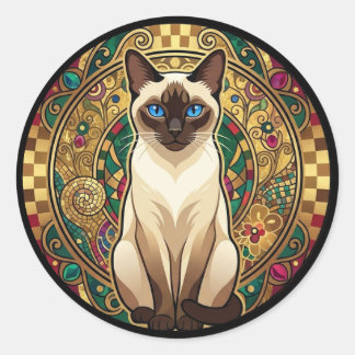 Pegatina Redonda Gold Art Nouveau Siamese Cat