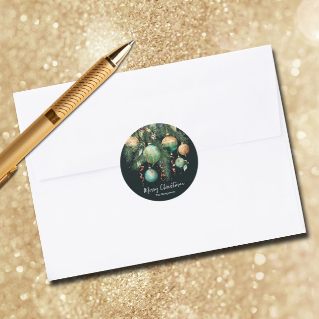 Pegatina Redonda Gold Baubles Christmas Tree (Gold and green Christmas tree ornaments round envelope seal stickers)