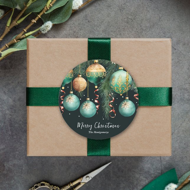 Pegatina Redonda Gold Baubles Christmas Tree (Gold and green Christmas tree Ornaments 3" round stickers)