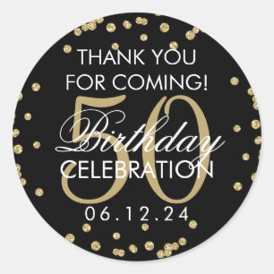 Pegatina Redonda Gold Black 50 Cumpleaños Gracias Purpurina Confet