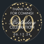 Pegatina Redonda Gold Black 90th Birthday Gracias Purpurina<br><div class="desc">Elegante 90º cumpleaños "Gracias" Purpurina de Faux de Oro Confetti Negro plantilla de etiqueta de favores.</div>