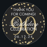 Pegatina Redonda Gold Black 90th Birthday Gracias Purpurina<br><div class="desc">Elegante 90º cumpleaños "Gracias" Purpurina de Faux de Oro Confetti Negro plantilla de etiqueta de favores.</div>
