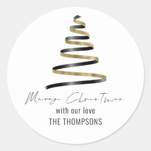 Pegatina Redonda Gold Black Artsy Tree Name Merry Christmas