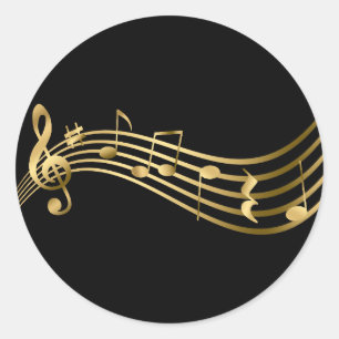 Pegatina Redonda Gold&Black Music Notes Treble Clef Elegant