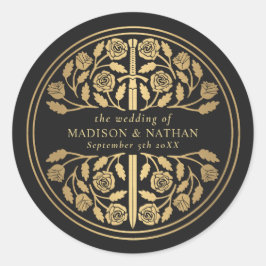 Pegatina Redonda Gold Black Royal Medieval Sword Wedding 