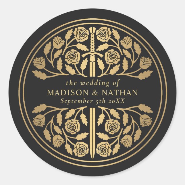 Pegatina Redonda Gold Black Royal Medieval Sword Wedding  (Anverso)