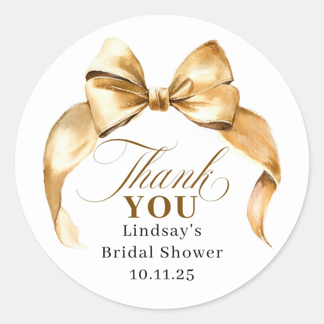Pegatina Redonda Gold Bow Favors Bridal Shower Thank You  (Anverso)