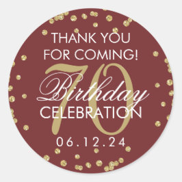 Pegatina Redonda Gold Burgundy 70 cumpleaños Gracias Purpurina