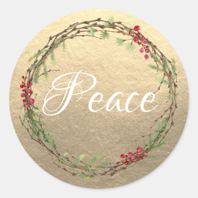 Pegatina Redonda Gold Christmas Wreath Peace (Anverso)