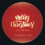 Pegatina Redonda Gold Confetti Red Merry Christmas<br><div class="desc">Confeti de oro y feliz Navidad con fondo rojo.</div>